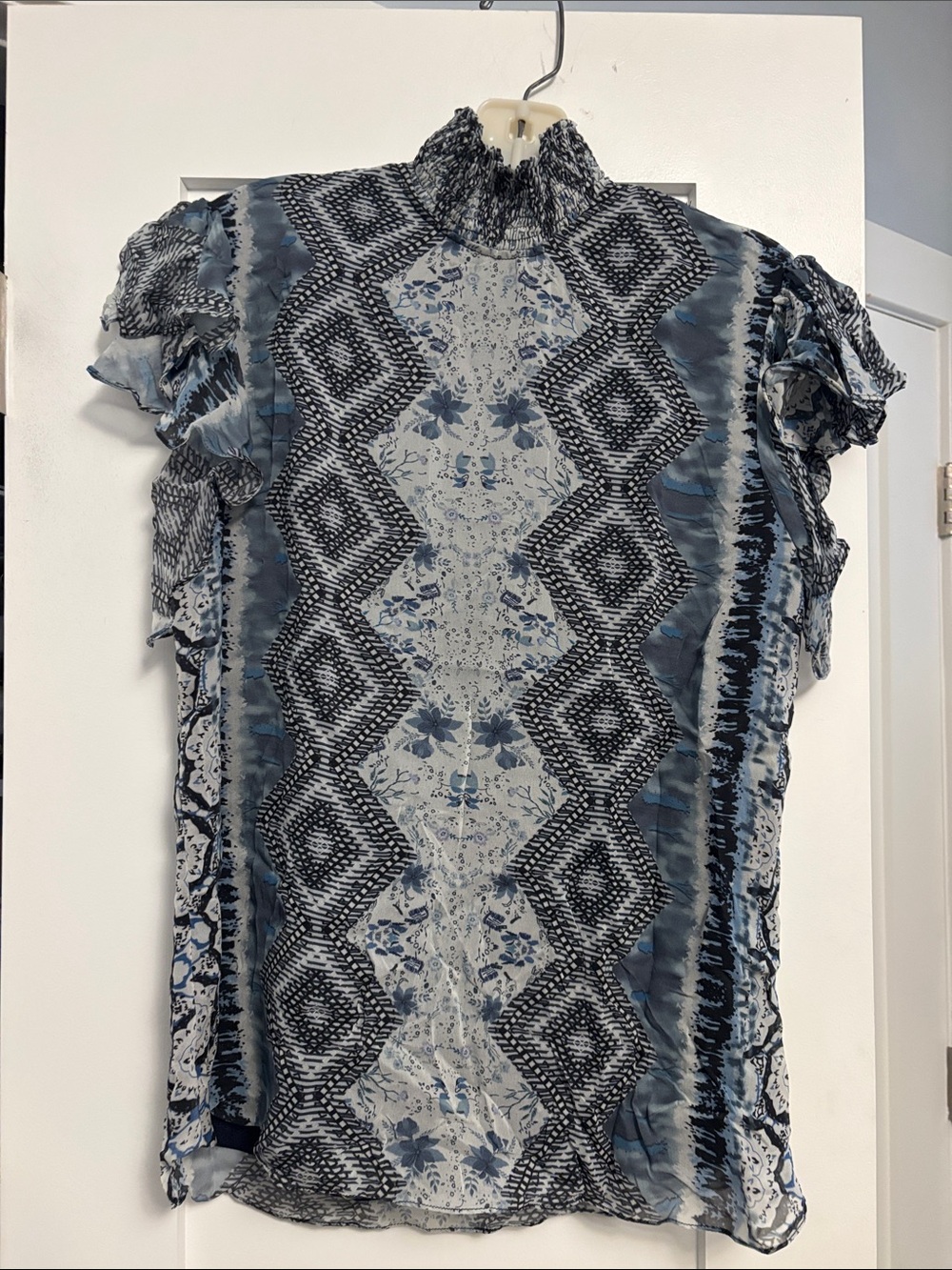 Analili Blue and Black Patterned High-Neck Ruffle Sleeve Blouse